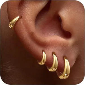 4 Pairs Chunky Small Huggie Hoop Earrings for Women - Dainty 14K Gold/Sterling Silver Plated Hypoallergenic Lightweight Stack Earring Sets for Multiple Piercing Trendy Jewelry