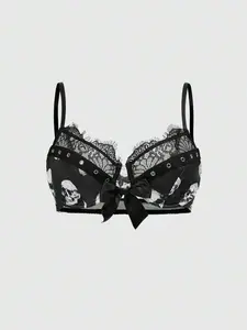 Dark Gothic Skull Print Underwire Cup Splice Lace Grommet Jacquard Lingerie Bra, Goth Style, Gothic Style