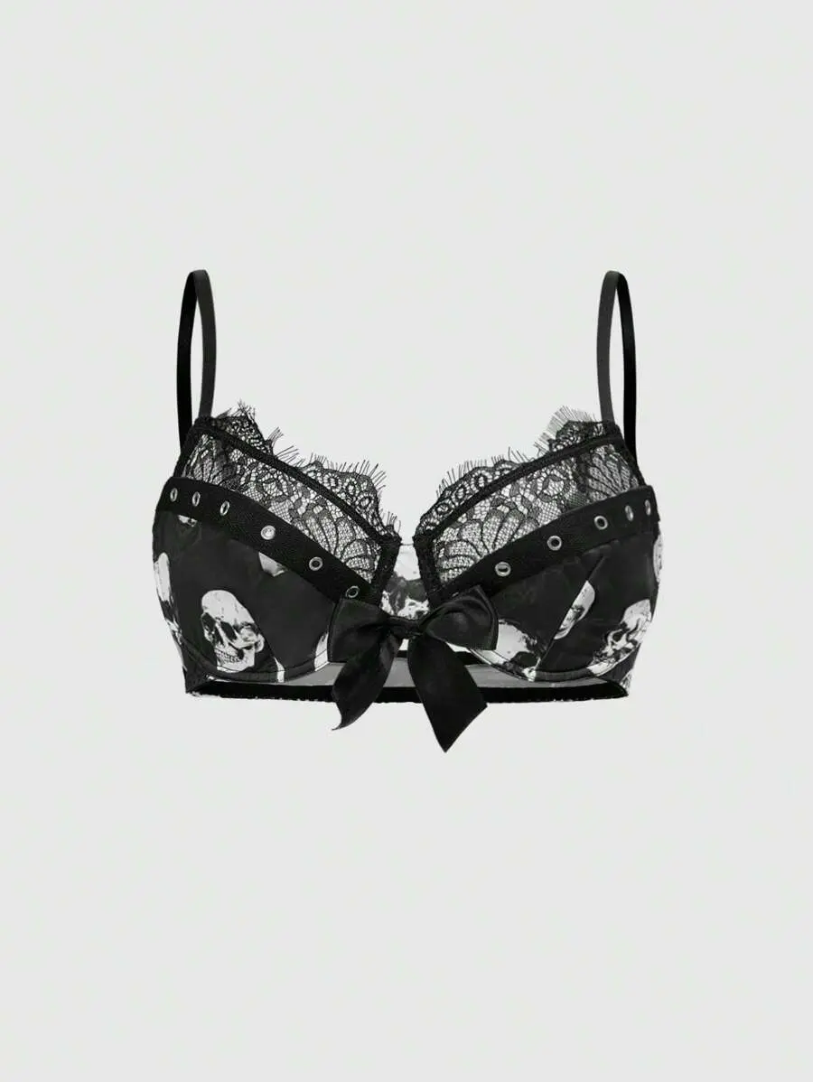 Dark Gothic Skull Print Underwire Cup Splice Lace Grommet Jacquard Lingerie Bra, Goth Style, Gothic Style