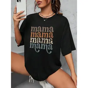 [100% Cotton] Women'S "Mama" Letter Print Round Neck Graphic Tee, Vintage Trendy Casual Drop Shoulder Half Sleeve T-Shirt For Daily Wear, Ladies Summer Outfit T-Shirt For Men And Women