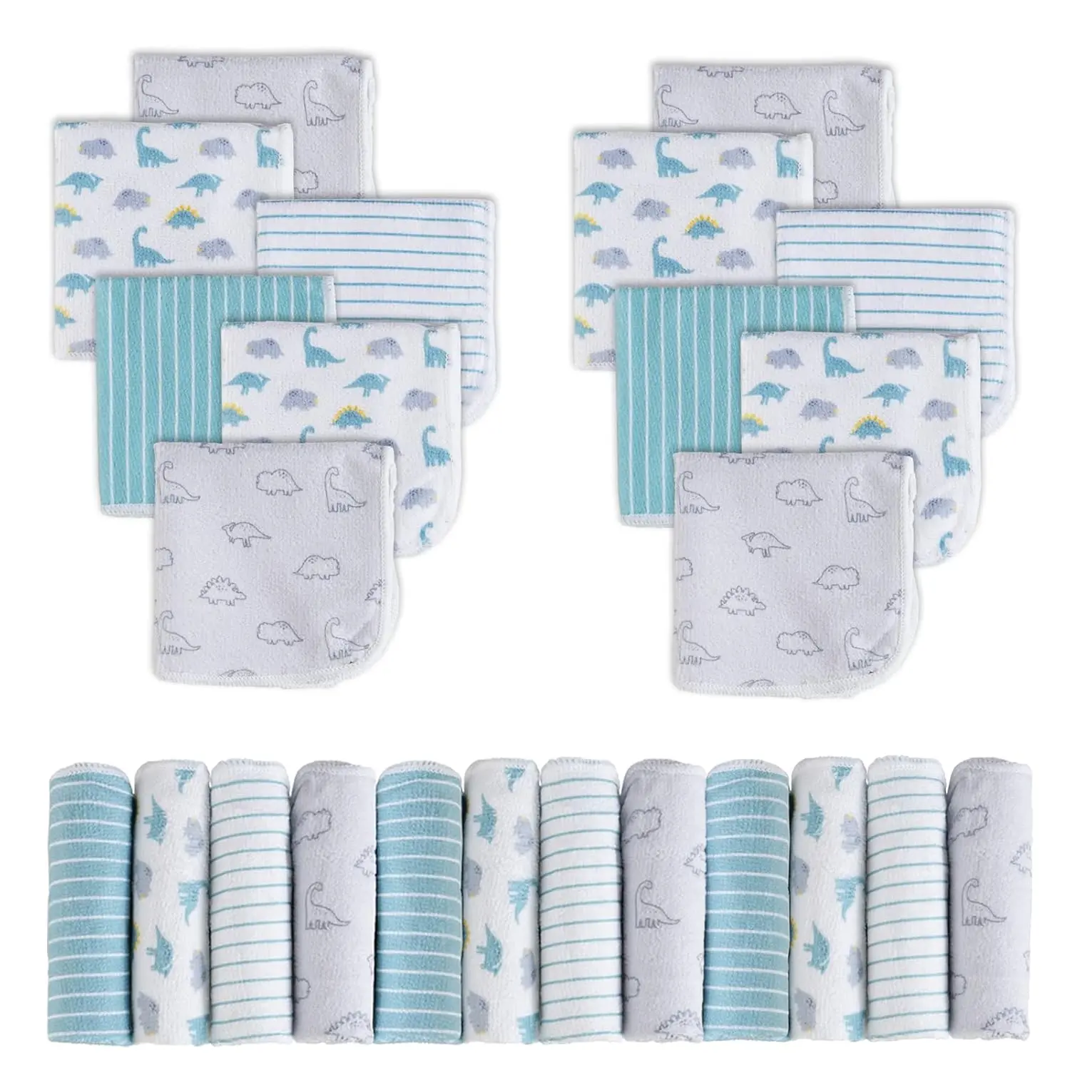 24 Piece Baby Washcloths Set Newborn Towels Face Towels Ultra Soft Absorbent Gentle on Sensitive Skin 9x9 Dinosaur Pattern Unisex for Boys Girls