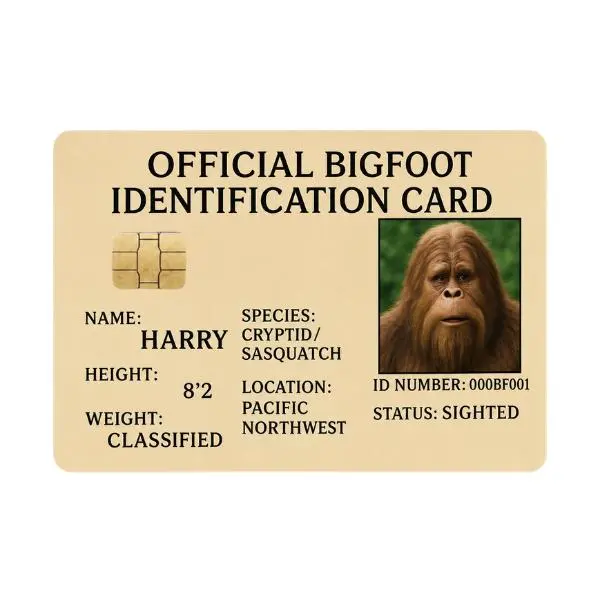 Bigfoot Identification Card Skin Sticker – Funny Cryptid ID Badge Graphic Design – One-Sided Rectangle Chip Card Cover