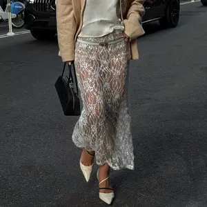 Women's Plus Size Lady Elegant Sequined Lace Split Midi Skirt - Designer Formal, Commute Bottoms for Outdoor Activities