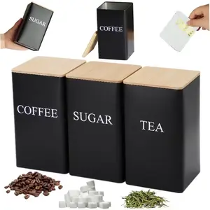 3-Piece Kitchen Coffee Station Canisters, Black White Metal Containers for Coffee Beans Tea Sugar