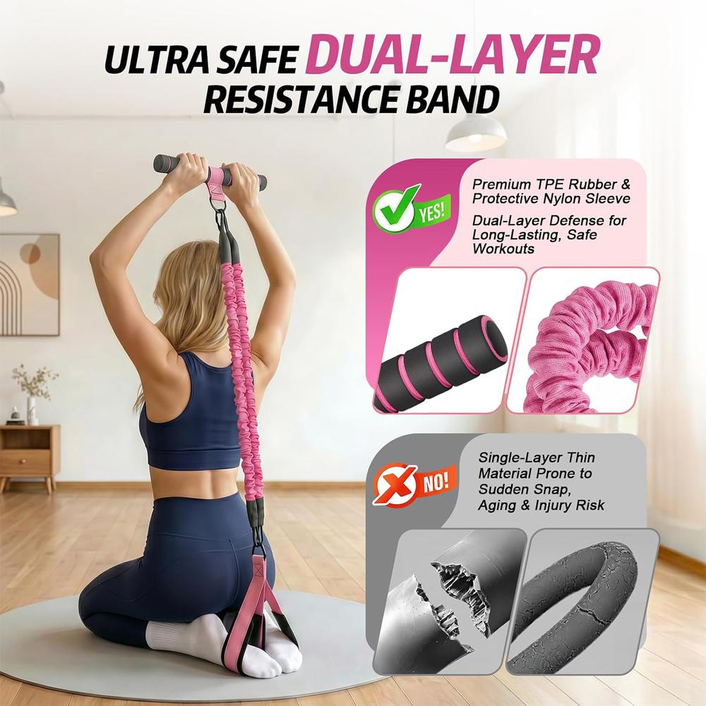 T-Handle Foot Pedal Pull Rope Set, pink tough latex tubes with adjustable foot straps, drawstring pouch included, beginner sports equipment, home repetitive drills outdoor leisure walking neighborhood group training gear