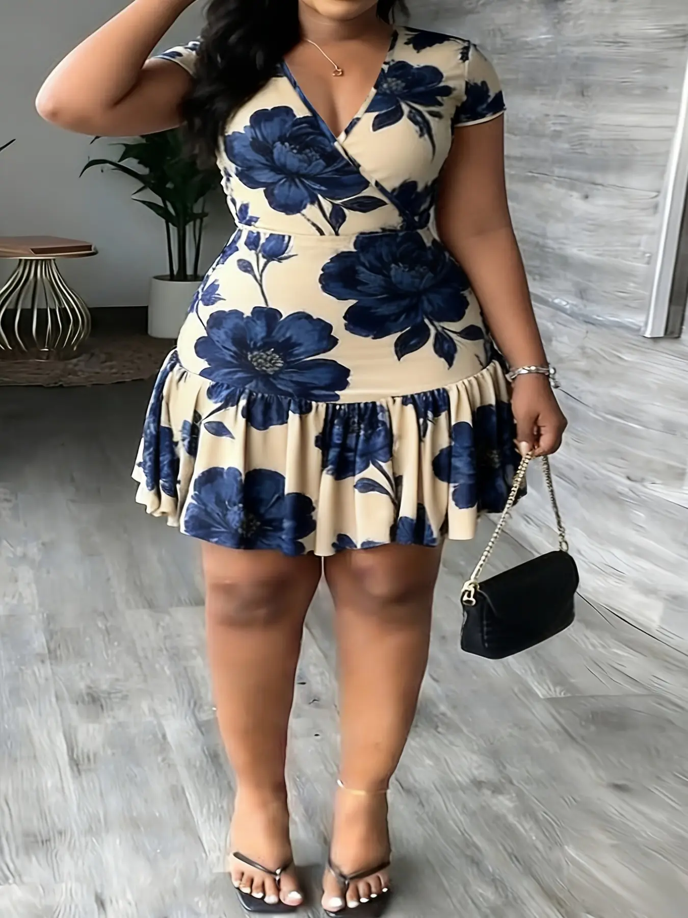 Plus Size Women's Vintage Blue Floral Print V-Neck Slim Fit Short Sleeve Feminine Chic Casual Dress, Ruffled Skirt