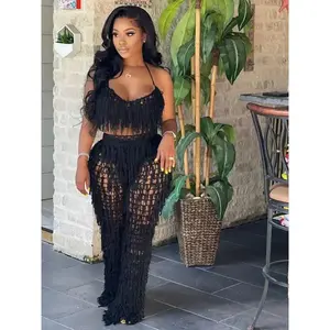 Sexy Women's Knitted Fringe 2-Piece Spring/Summer Halter Top And Pant Suit Beach Comfort Two-Piece Ladies Set Black Clothes Womenswear Trouser Sleeveless Spaghetti Strap Gamis Basic Minimalist Short