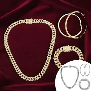 3pcs set Jewelry - Cuban chain necklaces, 20cm rhinestones bracelets, 8cm earrings, sparkling necklace bracelets, crystal large circle earrings(Silver/Golden)