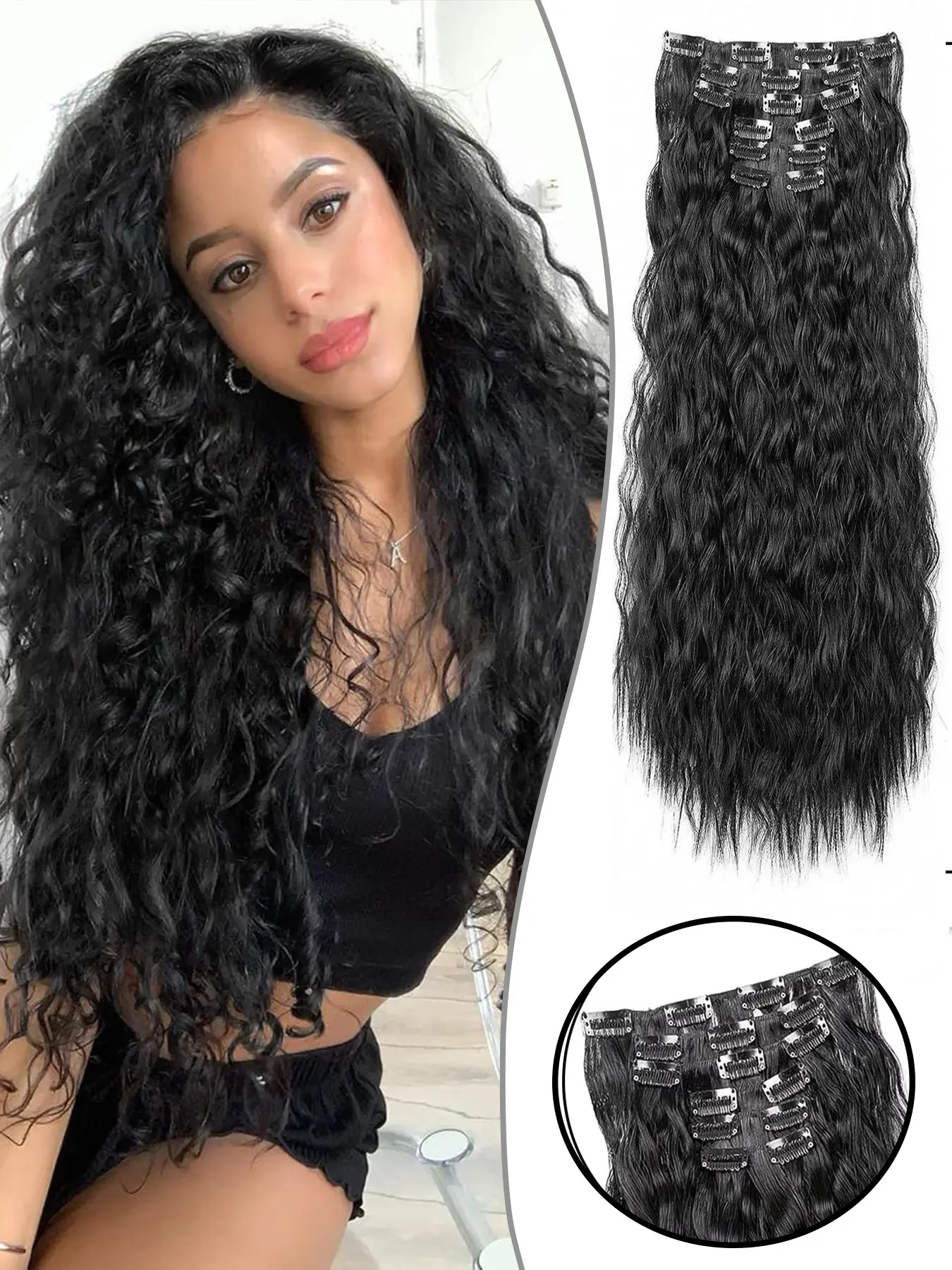 6PCS Clip In Hair Extensions,  20" Black Hair Extensions Long Mermaid Waves Wavy Synthetic Clip On Hairpiece For Women, Synthetic Curly Wavy, Clip On Hairpieces