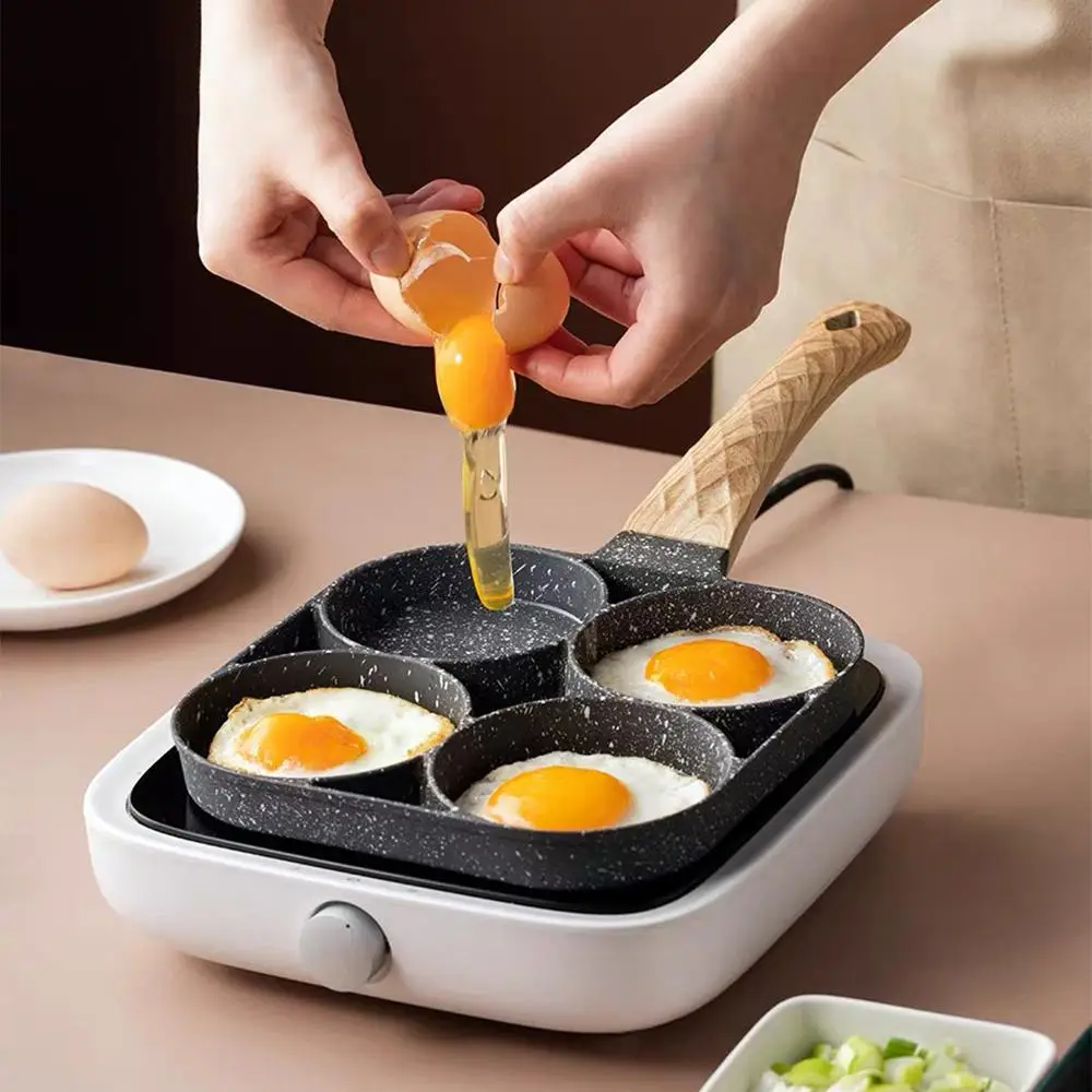3/4-hole Frying Pan for Breakfast, Non-stick Pancake Cooking Pan, Wooden Handle Medical Stone Omelet Pan, Cookware Non Stick Set, Modern Household Kit