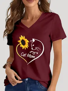 Women's Sunflower & Cat Print Round Neck Tee, Casual Sunflower & Cat Graphic Short Sleeve T-Shirt for Summer, Ladies Clothes for Daily Wear, Top