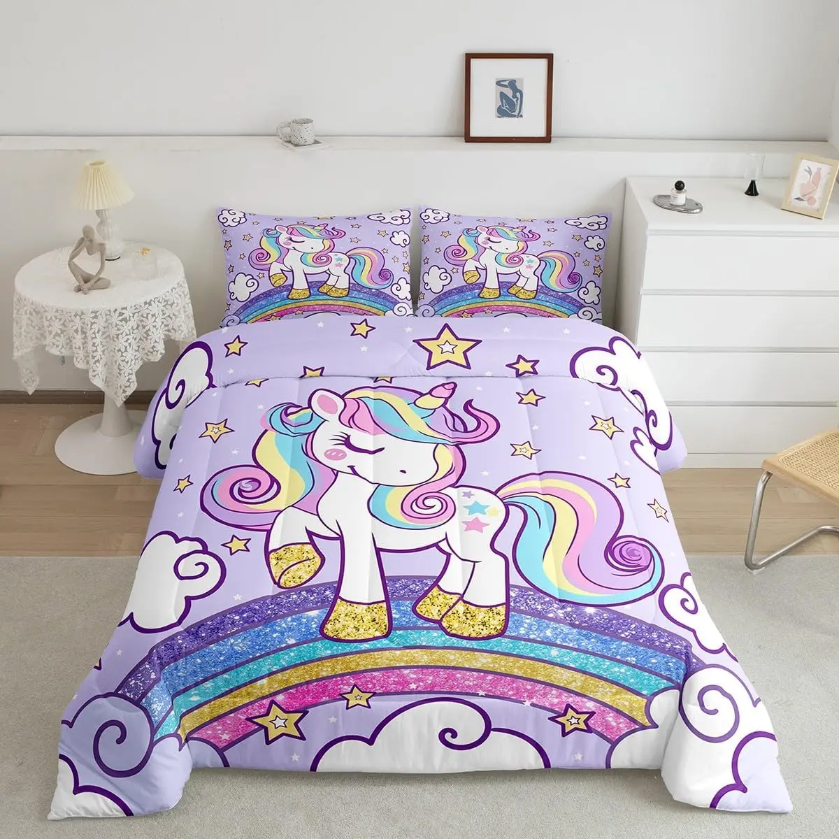 Feelyou Toddler Unicorn Twin-Full Duvet & Quilt Set - Ultra-Soft Breathable Cozy Cartoon Blanket, Figure Print Multi-Color Bedding with Star Pattern for Cute Room Decor