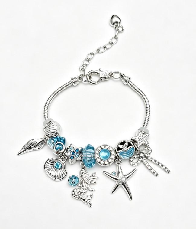 Silver Ocean Mermaid Charm Bracelet, Blue Crystal Shell Starfish Conch Bow Snake Chain Bangle, Adjustable Extender Chain Summer Beach Jewelry Gift for Women Girls