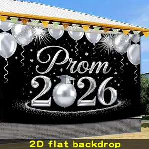 2D Flat - 2D Flat - 2D Flat Banner, 1pc Silver Black Prom 2026 Backdrop with Metallic Balloons And Graduation Cap Orb Graduation Season Background, Made of Polyester Fiber, Suitable for Graduation Parties, Home