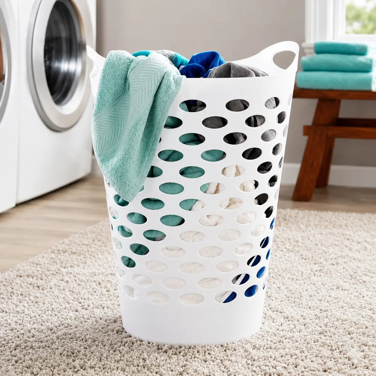 (2 pack) Mainstays Plastic Round Laundry Hamper, White, with Carrying Handles