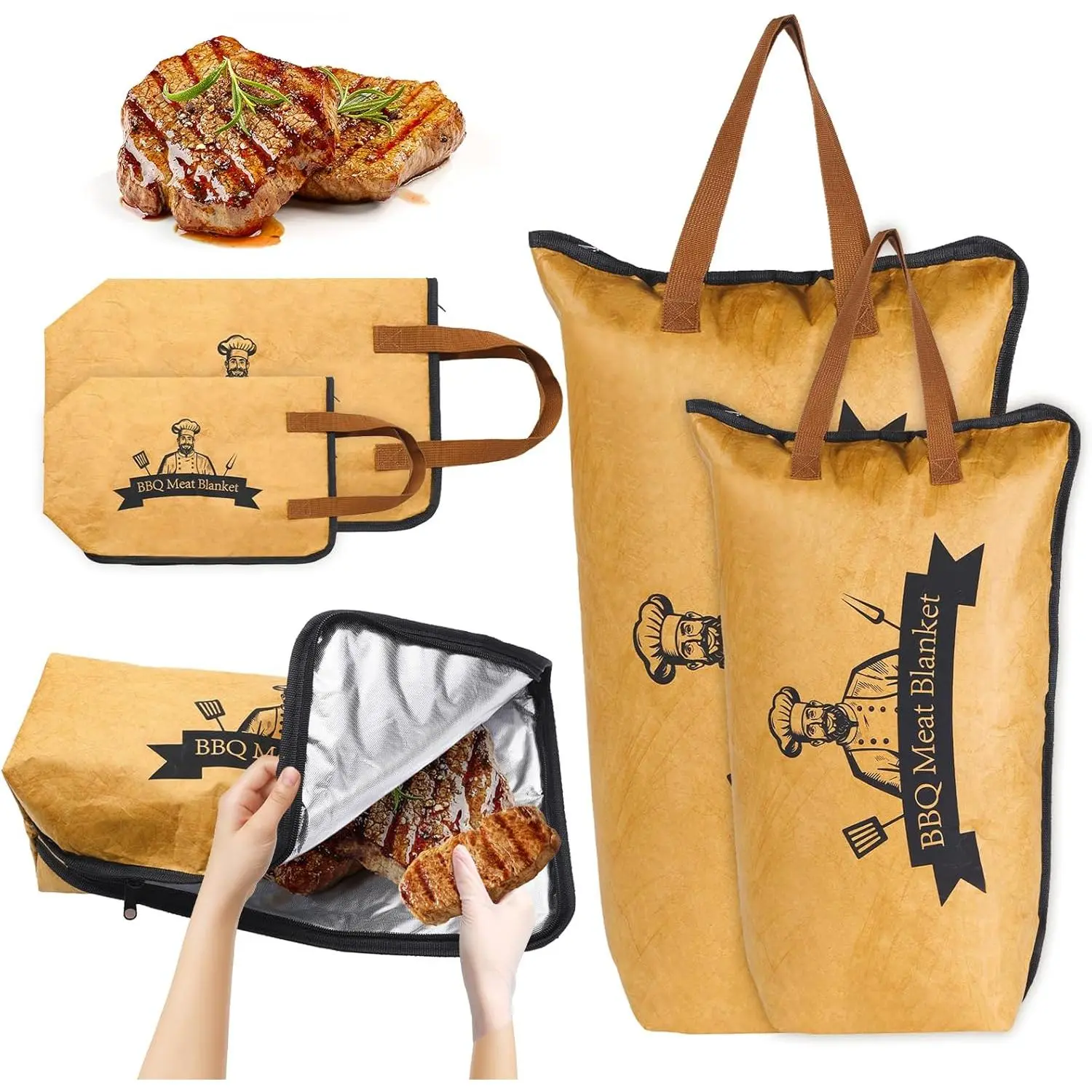 2 Pack BBQ Blanket for Resting Meat, 21&15 Inch   Meat Resting Blanket with Grilling Guide, Wide Mouth  Grilling Meat Insulated Bag for Longer Lasting Flavor and Juiciness