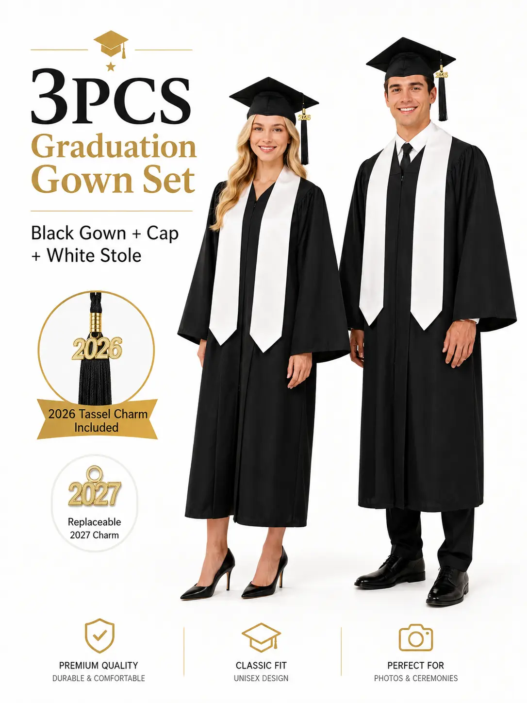 Matte Graduation Gown Set with Cap, Tassel & White Stole, Full-Length Zipper Long Sleeve Academic Graduation Attire for Adults, College & High School Graduation, Photos, Church Choir, Baptism, Ceremonies & Stage Events