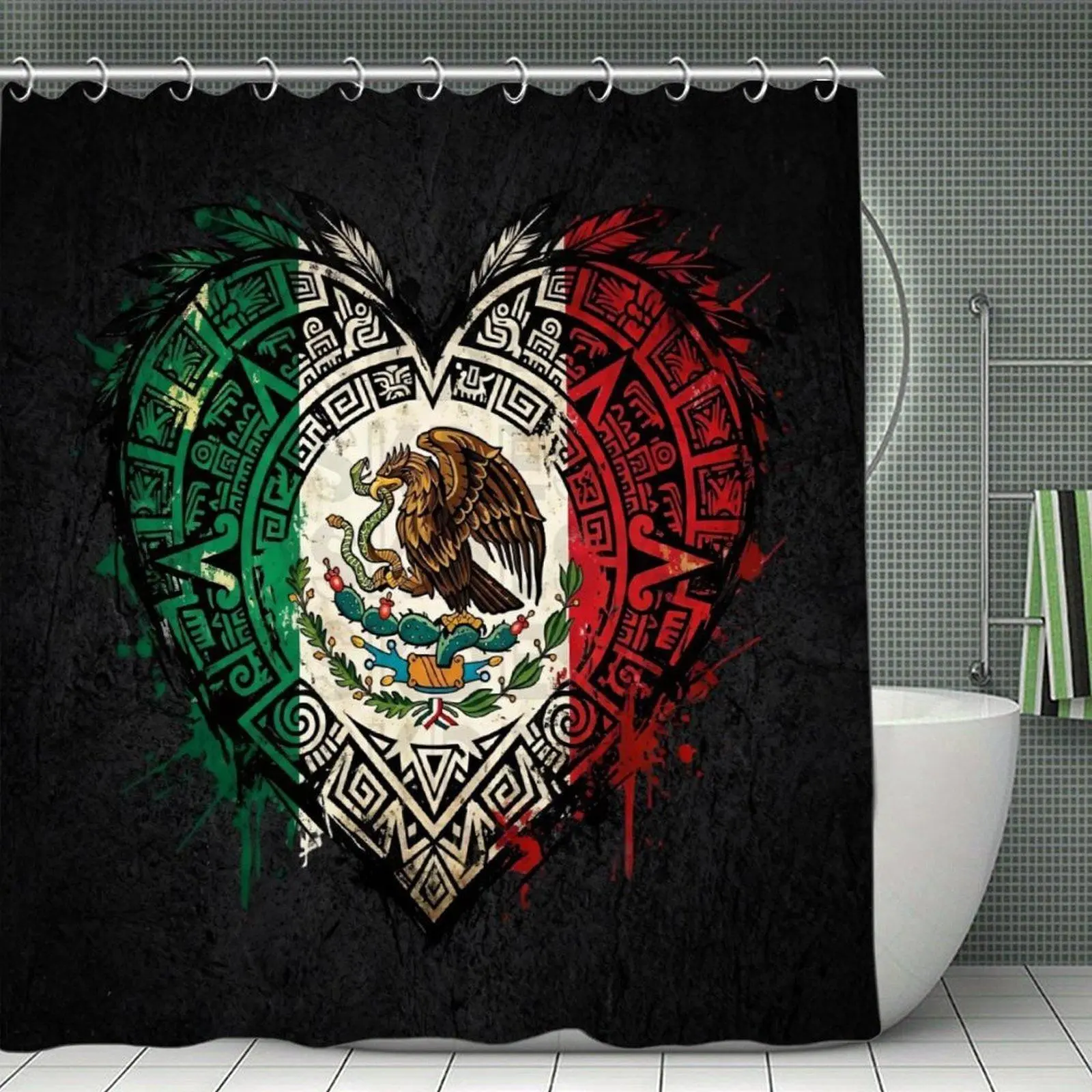 Waterproof Aztec Pattern Mexico Flag Heart Print Shower Curtain with Plastic-Stainless Steel Hooks, Hispanic Pride Bathroom Decor, Window-Compatible Home Bathroom Supply