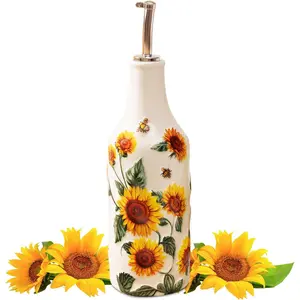 Sunflower Olive Oil Dispenser Bottle, 18 Oz Ceramic Oil and Vinegar Container for Kitchen with Stainless Steel Spout, Cooking Holder Cruet for Vinegar, Coffee Syrups, Sunflower Kitchen Decor