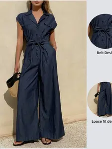 Women's Button Front Belted Waist Denim Dark Wash Jumpsuit, Sleeveless Wide Leg Pants, Casual Commuter Everyday Style, Elegant Minimalist Plain Basic Design