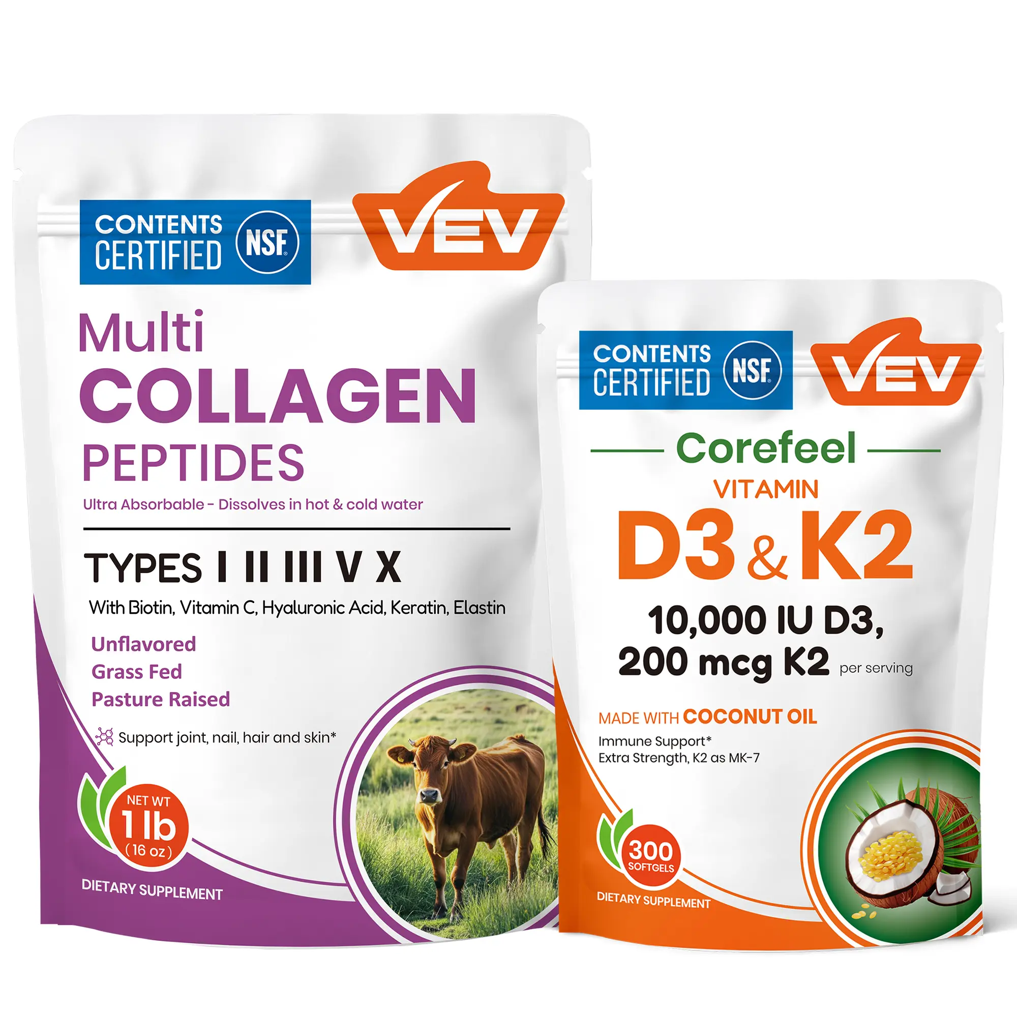 VEV Supplement Bundle: Multi Collagen Peptides Powder + Vitamin D3 K2 Softgels, for DailyNutrition