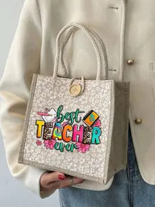 Teacher Print Linen Tote Bag, Reusable Women's Crossbody Bag, Large Capacity Shoulder Bag, Casual Commuter Bag, Casual Style, Ideal for School & Shopping