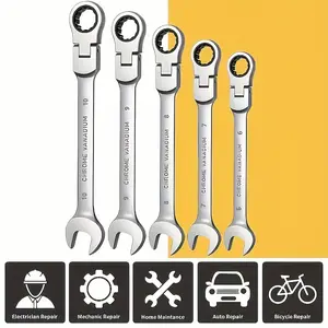 5pcs Flexible Head Ratchet Wrench Set(6-10Mm), Metric Size, Made of Chrome Vanadium Steel, Features a 72-Tooth Ratchet Mechanism for Easy Rotation, Designed with Both Open And Closed Ends, Suitable for Automotive, Bicycle, And Home Repairs
