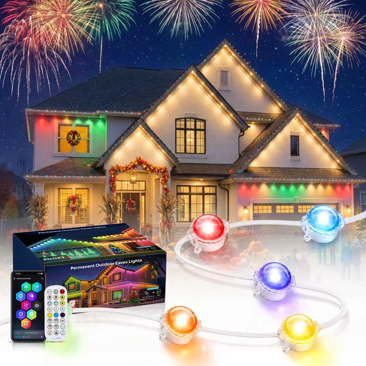 HYPERLITE RGBIC Permanent Outdoor Eaves Lights, Smart LED Roofline Lights with Remote and Bluetooth App Control, 16 Million Colors, 75 Scenes, Music Sync, Triangular Light Effects for Christmas, Halloween, Holiday, Party and Daily Decor