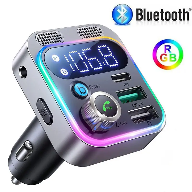 Multifunctional car FM transmitter with ambient light, BASS hands-free car MP3 player, wireless Bluetooth car charger with Type C and dual USB ports