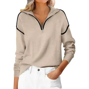 ANRABESS Womens Quarter Zip Sweaters 2025 Fall Long Sleeve V Neck Collared Business Casual Tops Knit Pullover Sweater Shirts