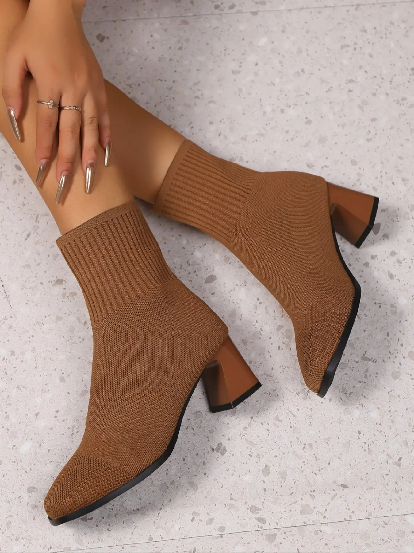 Elegant Women's Knitted Ankle Boots, Slip-On Square Toe High Heel Booties, Thick Heeled Boots, Elastic Patchwork Design, All-Season Fashion Footwear
