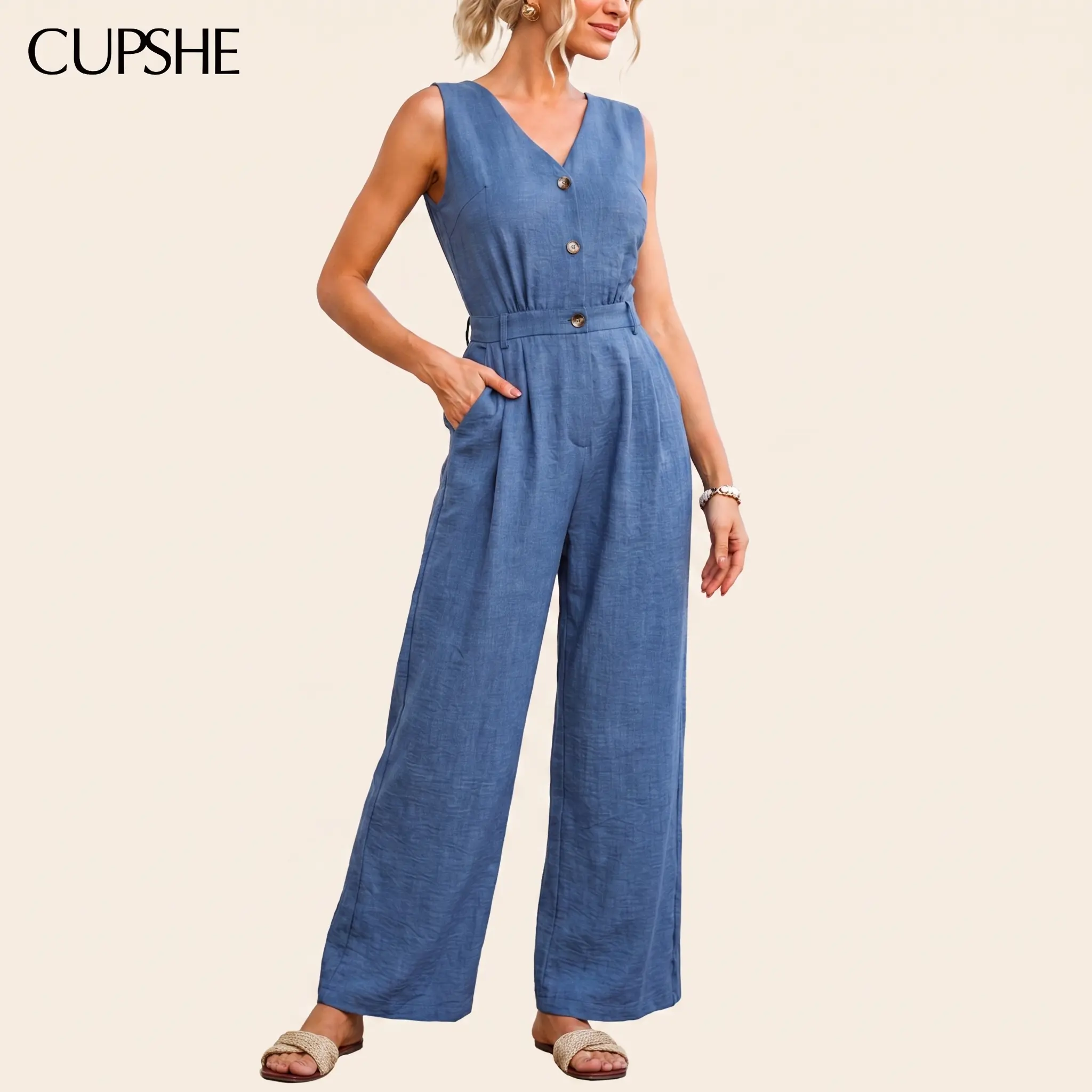 CUPSHE Women's Polyester Blue Sleeveless V-Neck Wide Leg Long Overalls Jumpsuit - Button Front, Back Tie Cutout, Pockets, Multi-Size, Flattering Fit, Casual Summer Vacation Outfit