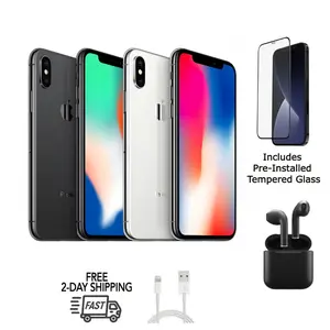 Refurbished Apple iPhone X (Unlocked) A1865 Bundle with Pre-Installed Tempered Glass and Bluetooth Earbuds Excellent Condition with 1 Year Warranty