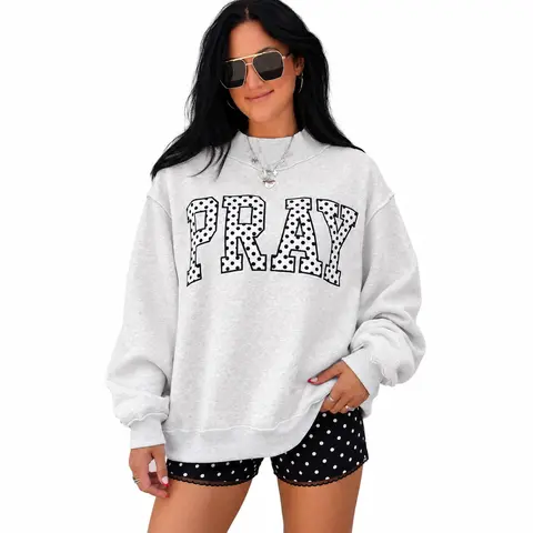 Women’s Gray Embroidered Graphic Mock Neck Long Sleeve Pullover Sweatshirt - Polyester Ribbed Soft Fabric, Casual Loose Fit Polka Dot, Simple Cute Style Top
