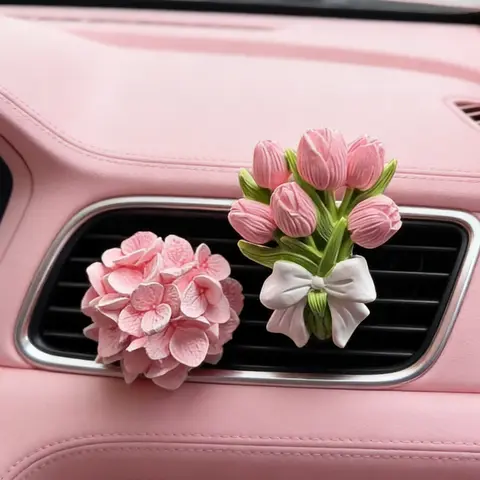 FANCYSPACE Flower-Shaped Tulip & Hydrangea Plaster Base Car Fragrance Set - Clip-On Vent Clip Deodorizer with Magnetic Hold, Patch, Botanical Long-Lasting Scent, Minimalist Decor, Calm Daily Driving Gift