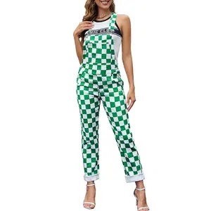 ODEFOU Women's Lady's St. Patrick's Day Green Checkered Cotton Sleeveless Fitted Overalls - Adjustable Stretch Denim Bibs, All-Seasons Work Jumpsuit, Fashion Womenswear Suits & Sets