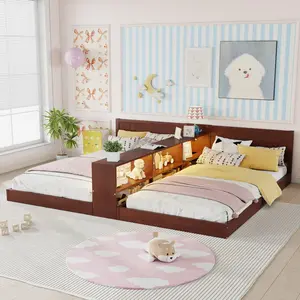 Double Twin Size Bed Frame with Storage,Twin Floor Bed with Light & Charging Station, Convertible 2 Twin Beds for 2 Kids, No Box Spring Needed