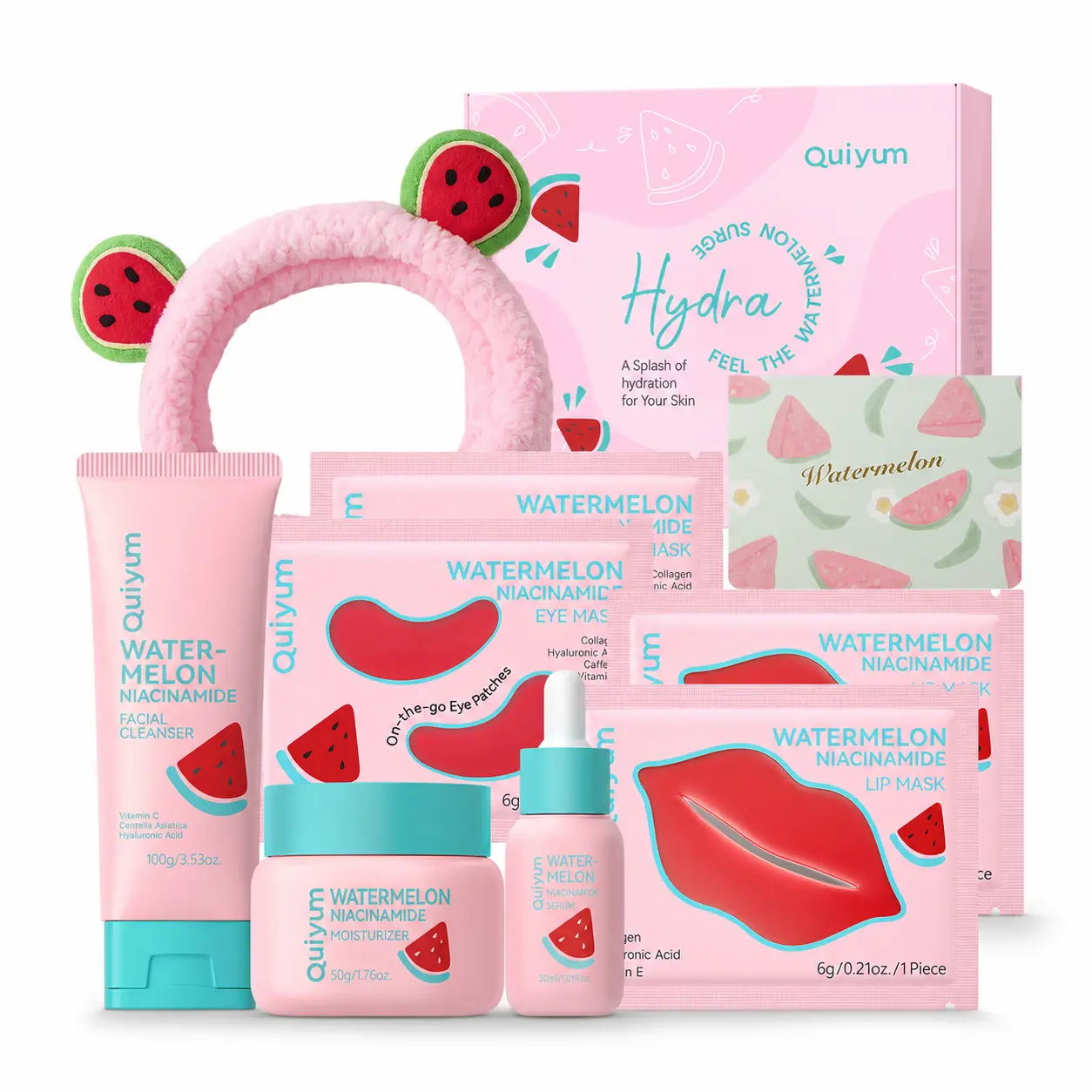 Watermelon Skincare Set for Women, 6Pcs Facial Skin Care Kit with Niacinamide Face Cleanser, Serum, Moisturizer, Eye Patches, Lip Mask & Headband, Hydrating & Glow Beauty Spa Gift Sets for Teens, Girls, Self Care Gifts for Birthday, Christmas