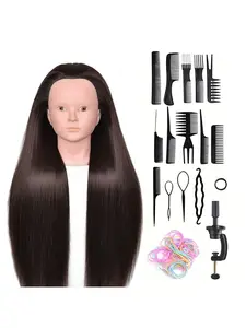 24 inch mannequin head, black brown hairstyle practice model, realistic hair and makeup free face suitable for hair and beauty styling design and practice.