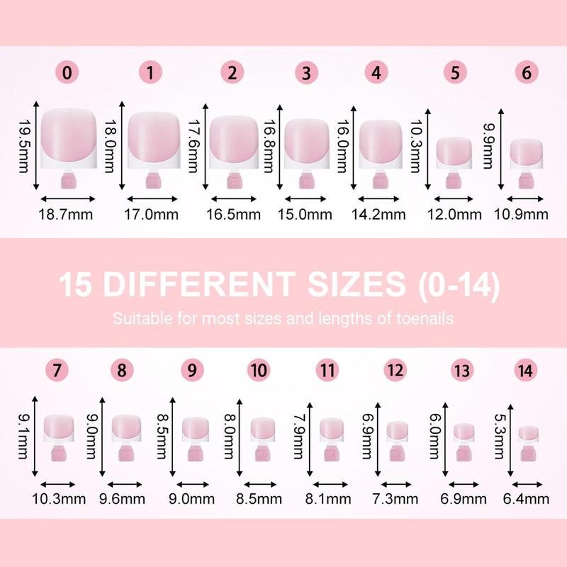 150Pcs French Press On Toenails - Short Square Round Shape, 15 Sizes Baby Pink Full Cover Fake Toe Nail Tips for Women