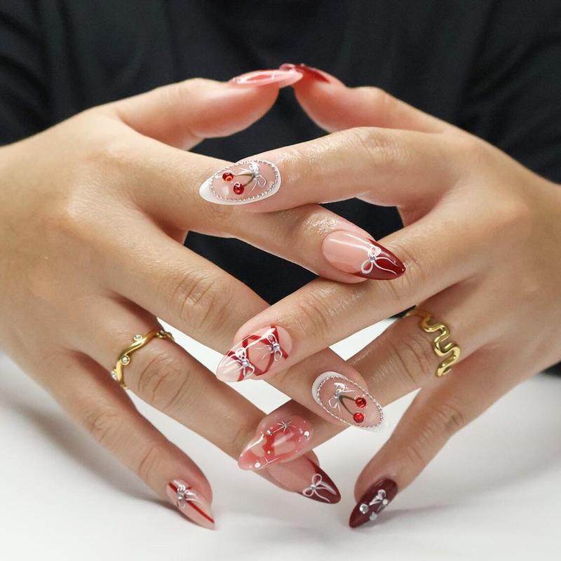 Press On Nails Cherry Charm with Silver Bows, 3D Pearl & Heart Nail Art in Medium Almond, Handmade Elegant Nail Art for Holiday, Birthday