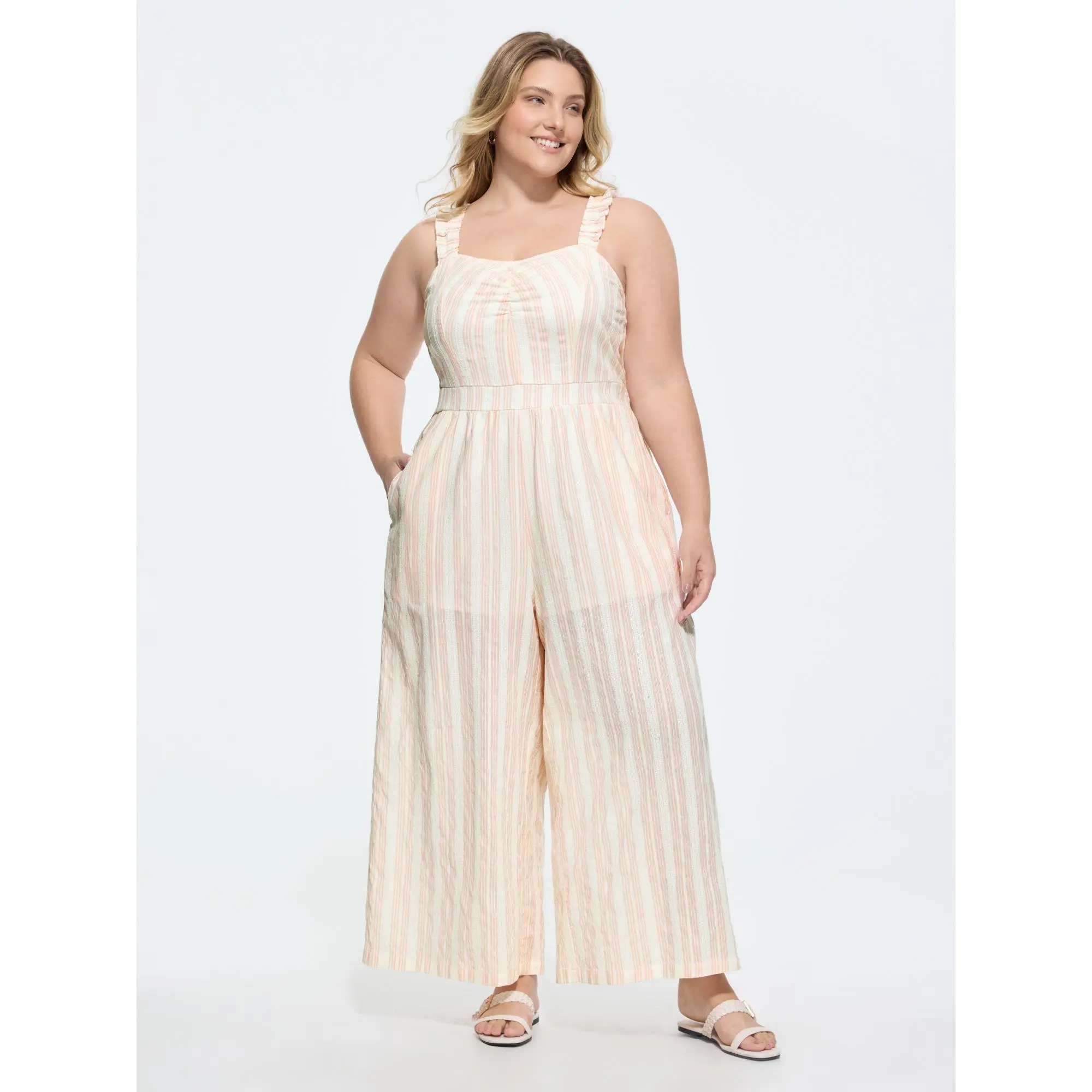 BLOOMCHIC Women's Plus Size Cotton Blend Sheer Striped Leisure Jumpsuit - Shirred-Strap, Smooth Fabric, Regular Length, Pocket Garment, Summer Wear [M-6X] 2026 Spotlight Overalls, Lady, Polyester, Stripes, Shirred Straps, 22-24/3X, Casual, Cold Wash, Fit,