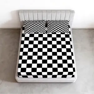 3 Pcs Black White Checkerboard Fitted Sheet Set, HD Digital Print Soft Breathable Bed Sheet, Deep Pocket All-Round Wrapped Bedding, Decorative Bed Linen for Bedroom, No Insert