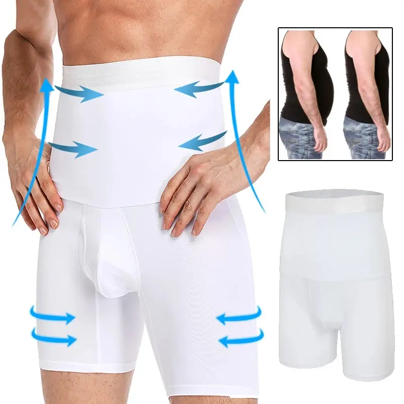 Men's High-Waist Body Shaper Boxer Briefs, Breathable Stretchy Nylon-Spandex Underwear, Tighter-Fit Shaping Thigh Shorts