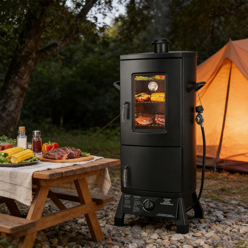 MBY Vertical Propane Smoker set with Cover, BBQ Smoker Grill, Three Removable Smoking Shelves, Temperature Control, Alloy Steel