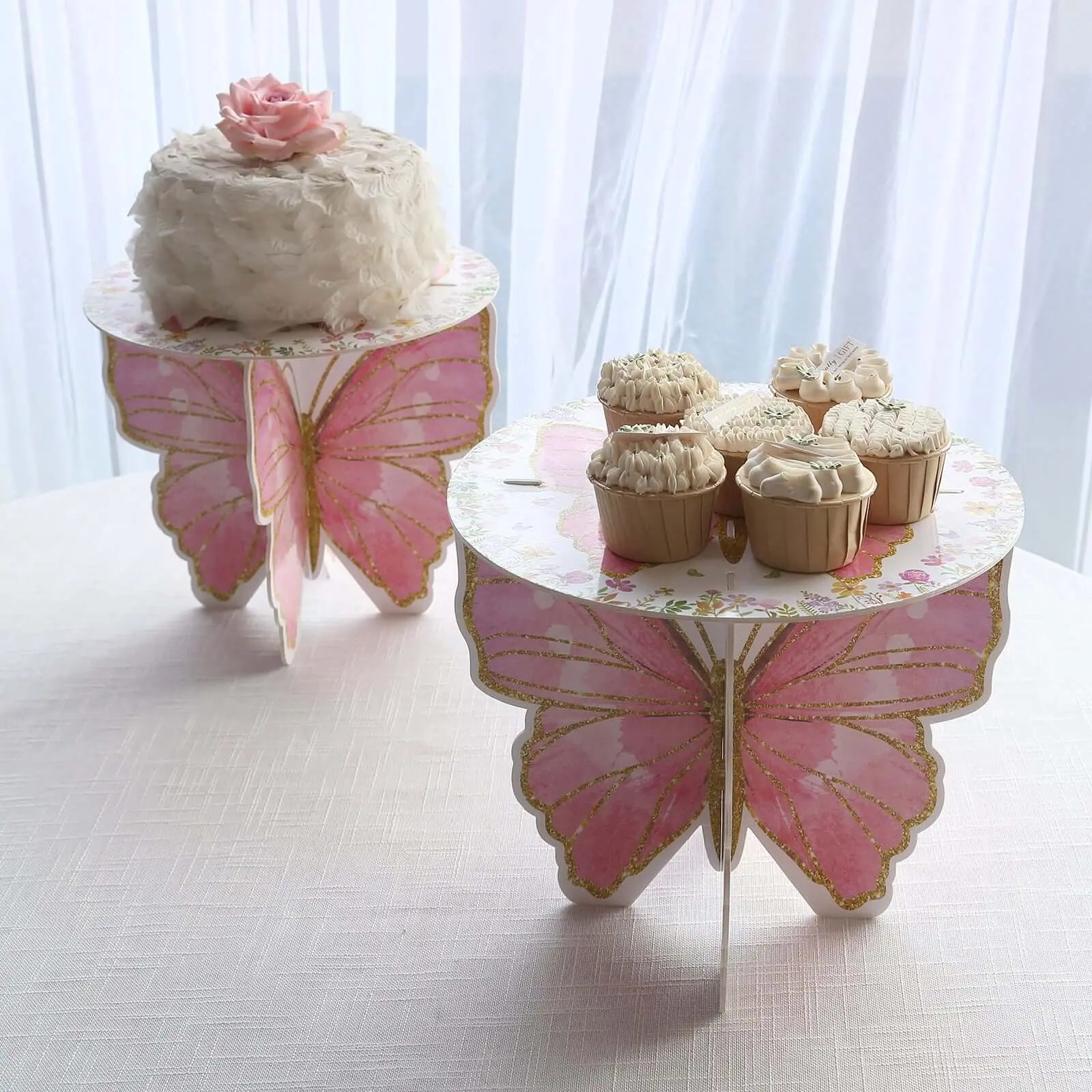 2-Pack 12" Foam Board Birthday Cake Cupcake Stands - White/Pink Glitter Butterflies, Floral Print Flowers, Reusable Dessert Holders for Weddings, Anniversary Garden Tea Party Decor & Setup, First Birthday