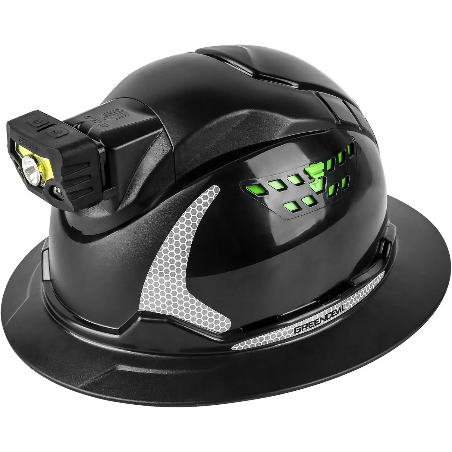 GREEN DEVIL Matrix Full Brim HDPE Safety Helmet with Headlamp, Visor & Replaceable Soft Sweatband, Vented Lightweight OSHA-Approved for Women's Rugby & Construction Use, 1 Size