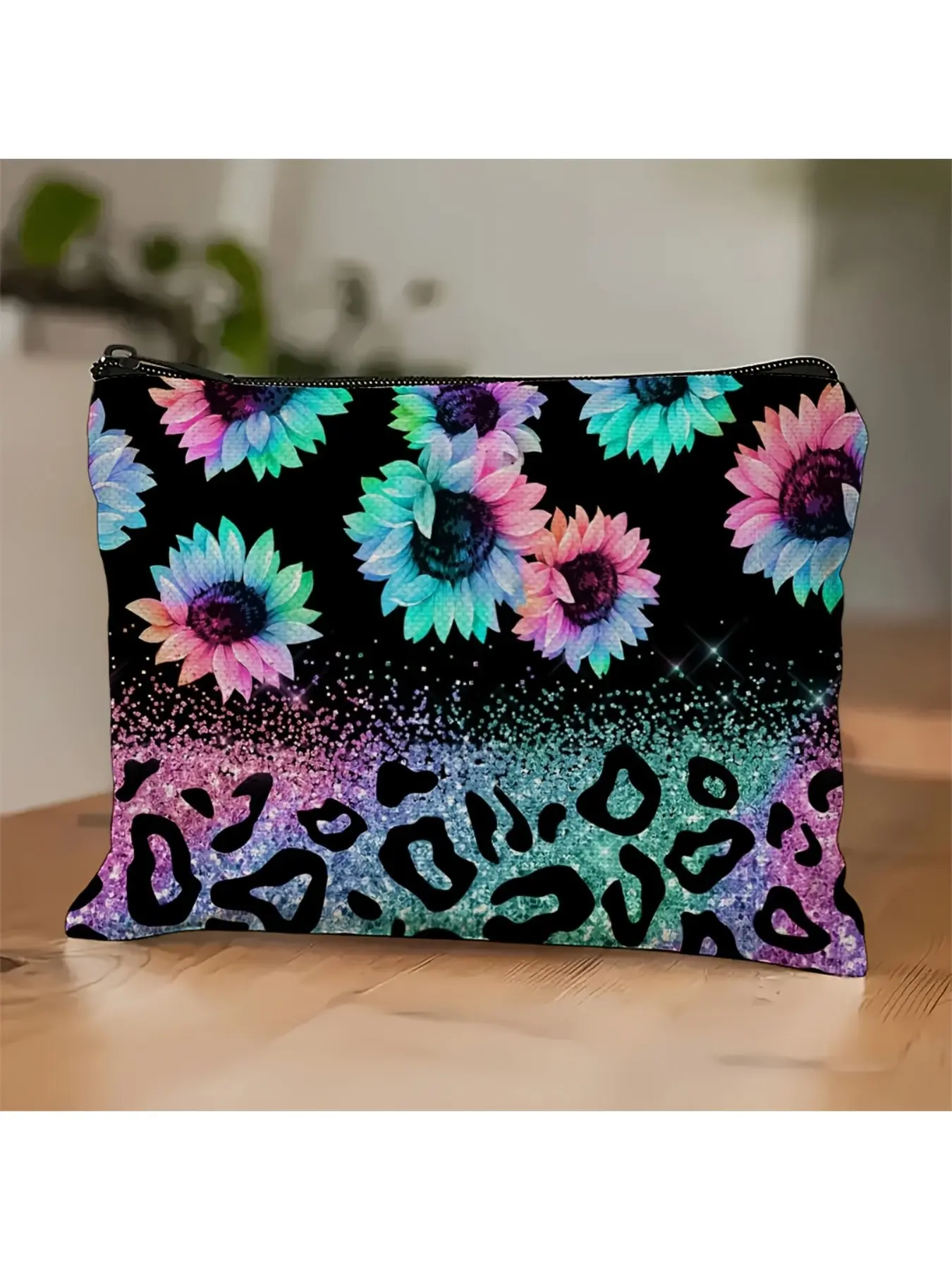 1pc Sparkling Sunflower & Leopard Print Makeup Bag – Vibrant Floral Design, Polyester Material, Portable Cosmetic & Toiletry Organizer for Travel, Vacation, and Everyday Use, Small Cosmetic Bag
