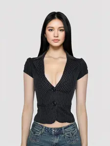 Women's Colorblock Striped Button Collar V Neck Short Sleeve Blouse, Summer Vintage Fashion, Casual Office Wear, Daily Commute, Casual Classy Top