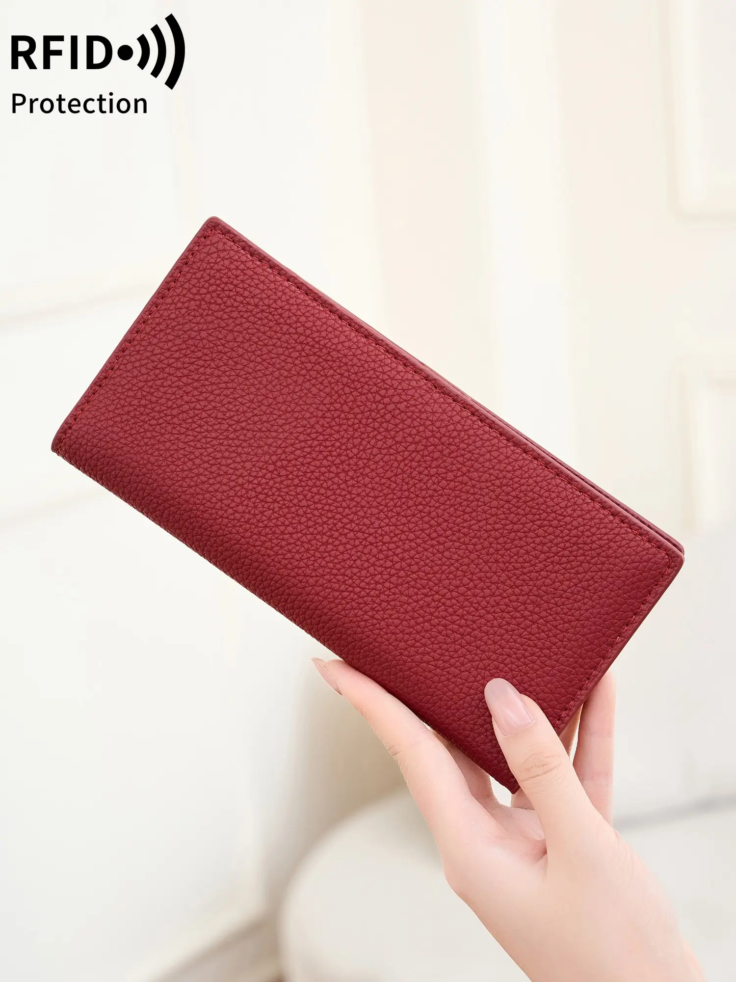 Compact long wallet, women's large-capacity multi-card litchi texture wallet, Textured Wallet, RFID anti-theft design, Rfid shielded wallet, slim design, equipped with card slots and storage compartments, suitable for daily use